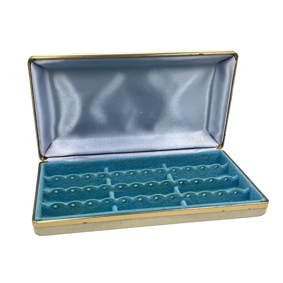 Vtg Mele Jewelry Box Earring Holder Off White Hardshell Velvet Teal Inside 8.75" - Picture 1 of 9